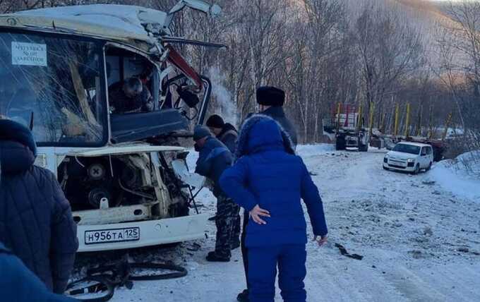 Междугородний автобус столкнулся с грузовиком, перевозившим лес, в Приморском крае